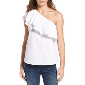 Halogen One Shoulder Ruffle Cotton Poplin Blouse